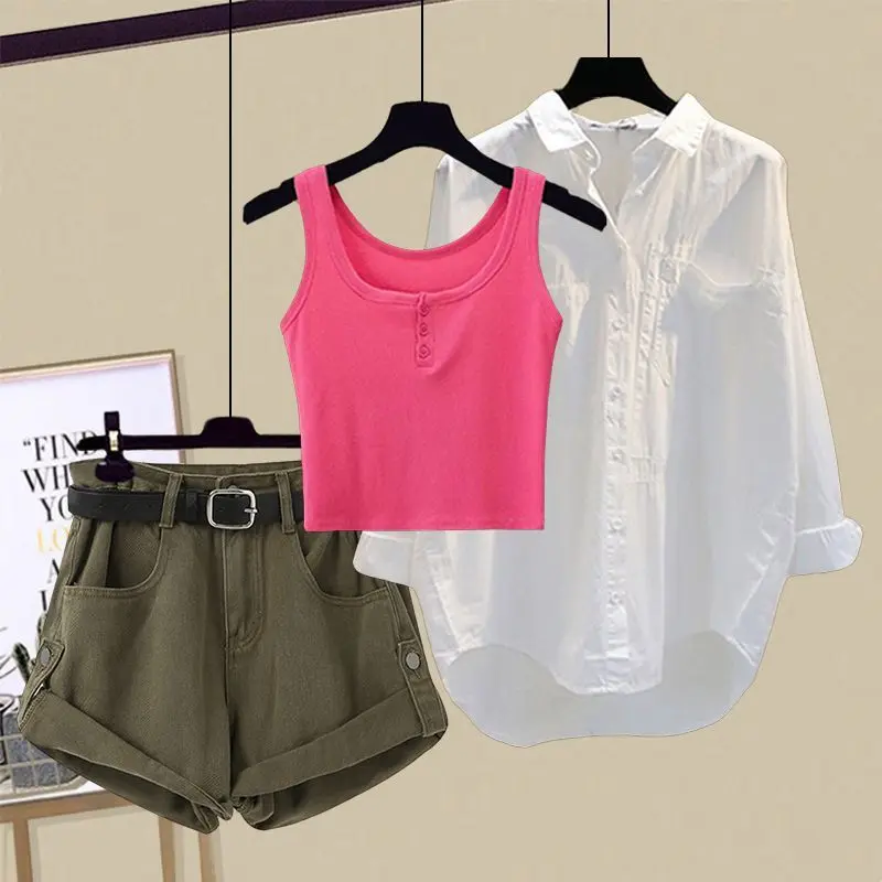 Spring/Summer Korean Edition New Versatile Sunscreen Shirt with Inner Strap Tank Top High Waist Slim Denim Shorts Set