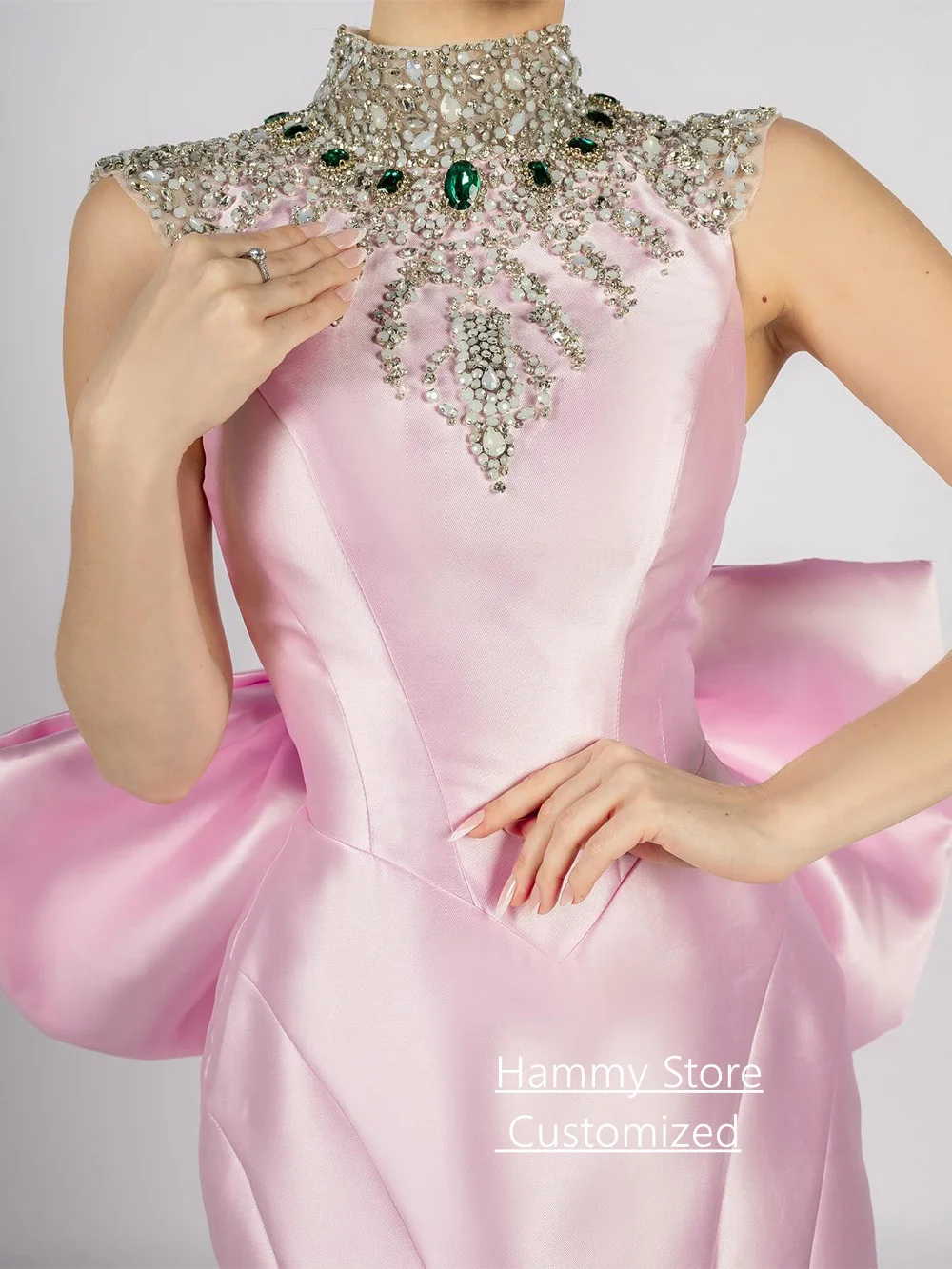 Sexy Mermaid Evening Dresses Customized High Neck Sleeveless Crystal Stones Back Big Bow Saudi Arabia Prom Gown Party Dresses