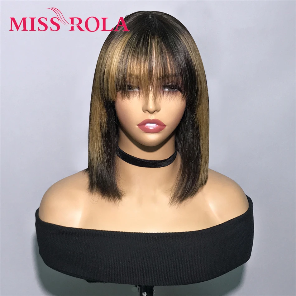 Miss Rola 2x1 Lace Part Bob Wigs 100% Human Hair Lace Bob Wig With Bangs Brazilian Remy Hair Wig Highlights Natural Hairline