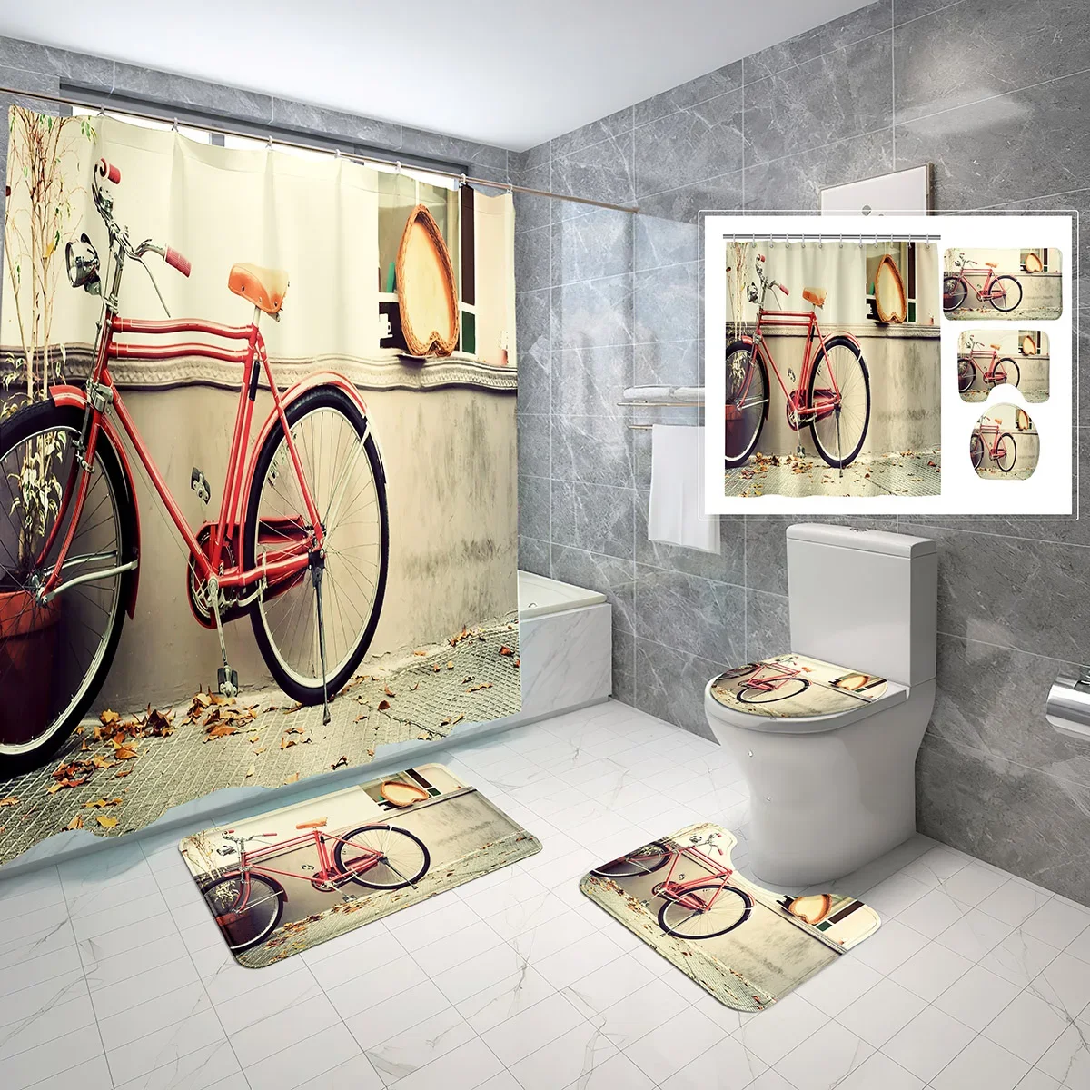 4 قطع خمر دراجة دش الستار مجموعة النباتات الخضراء الكلاسيكية الدراجة عدم الانزلاق حمام حصيرة غطاء المرحاض دش مقاوم للماء الستار مجموعات #5