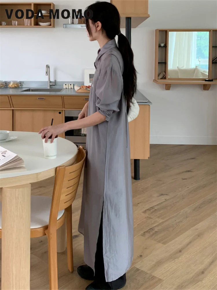 女性用ラペルネックシャツドレス,ランタンスリーブ3/4のミドル丈ドレス,ボタン付きのゆったりとしたカジュアルドレス,韓国のファッション,デザインセンス,2024