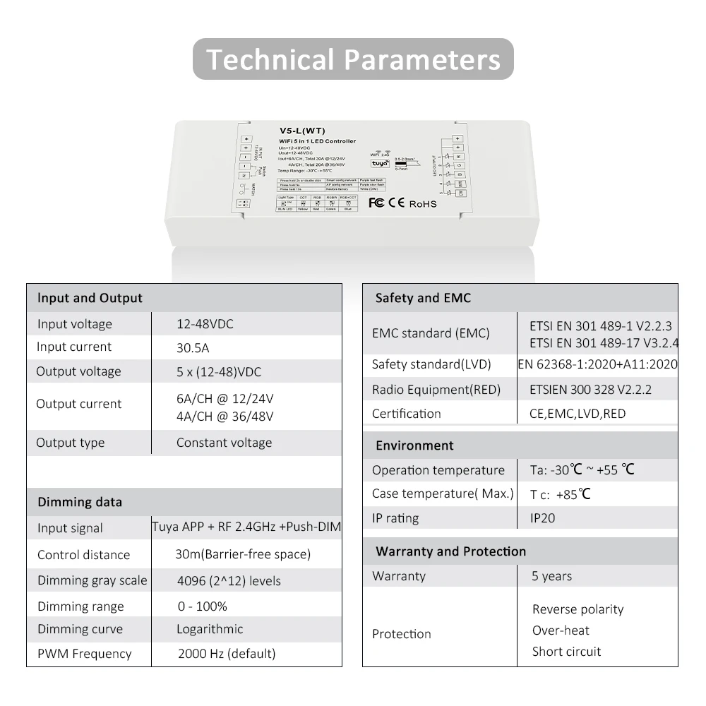 Tuya RGB CCT LED Controller 12V 24V 48V DC 2.4G RF Wifi Smart Life 5 in 1 Single Color RGBW RGBCCT Strip Light LED Controler