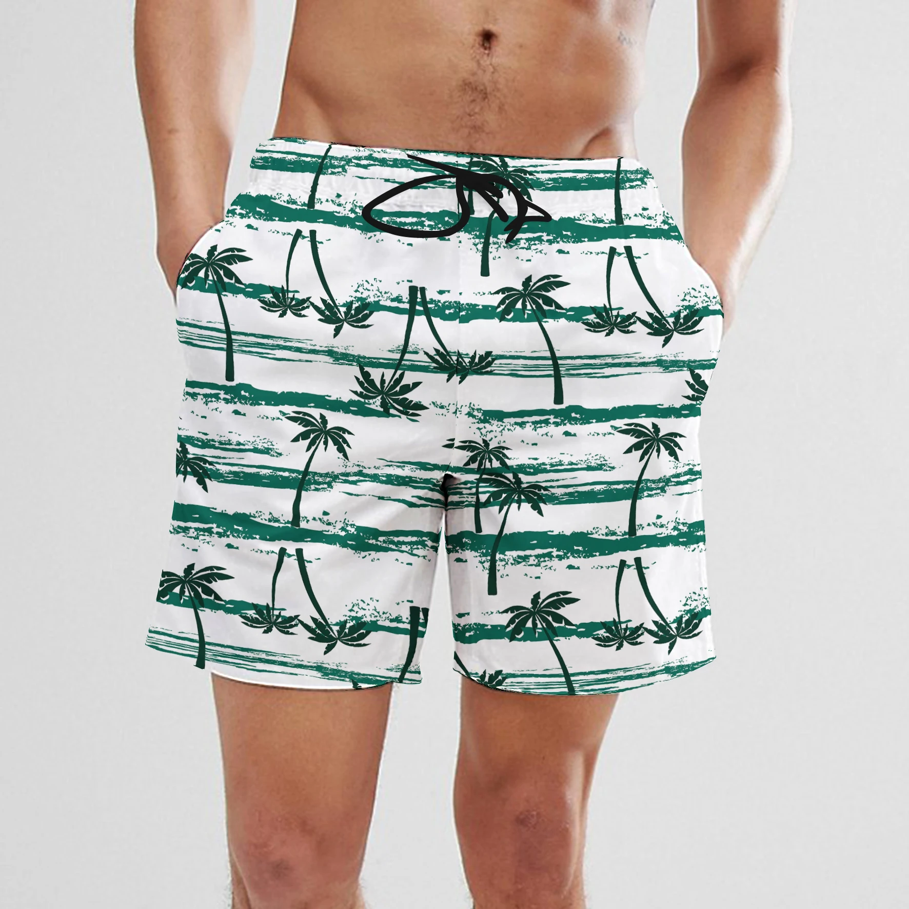 SummerFashion Cartoon Coconut Tree Car Digital Printing Men\'s Drawstring Shorts Quick Drying Hawaiian Beach Fitness Casual Short