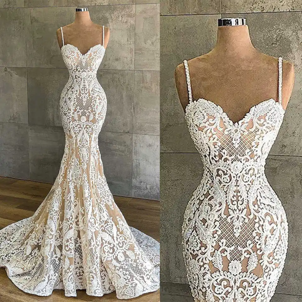 Classic Mermaid Wedding Dresses Appliques Lace Spaghetti Strap Bridal Gown Sweetheart Sweep Train Vestido De Noiva Customized