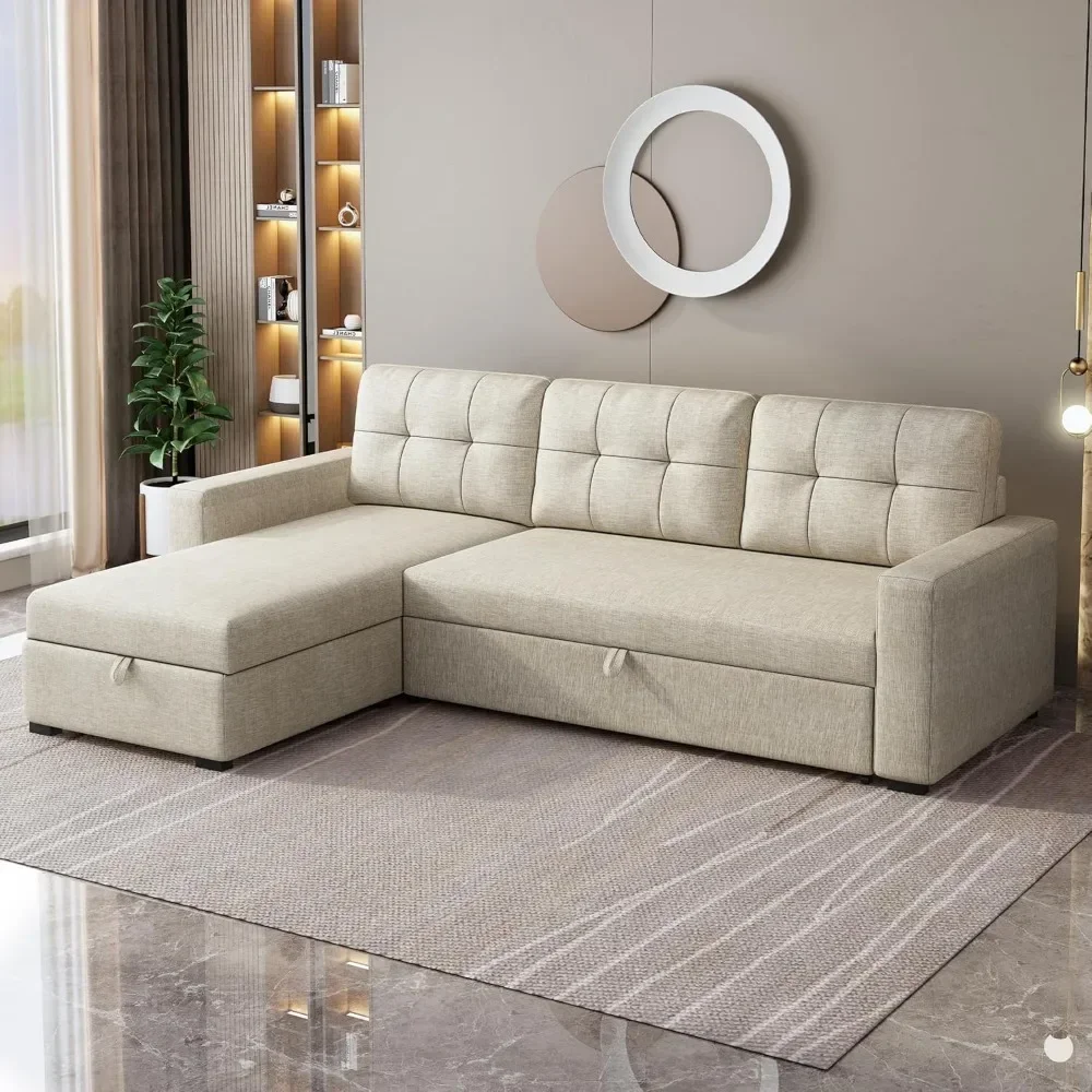 81.5" Sectional Sleeper Sofa with Storage Chaise, L Shaped Pull Out Couch Bed with 3 Removable Back Cushion for Living Room,Apar