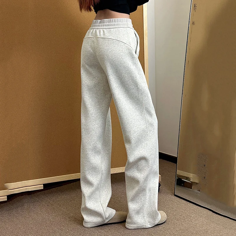 Rimocy American Gray Slim Pants Straight Pants Women Casual Drawstring Wide-leg Sweatpants Woman High Waist Loose Trousers Mujer