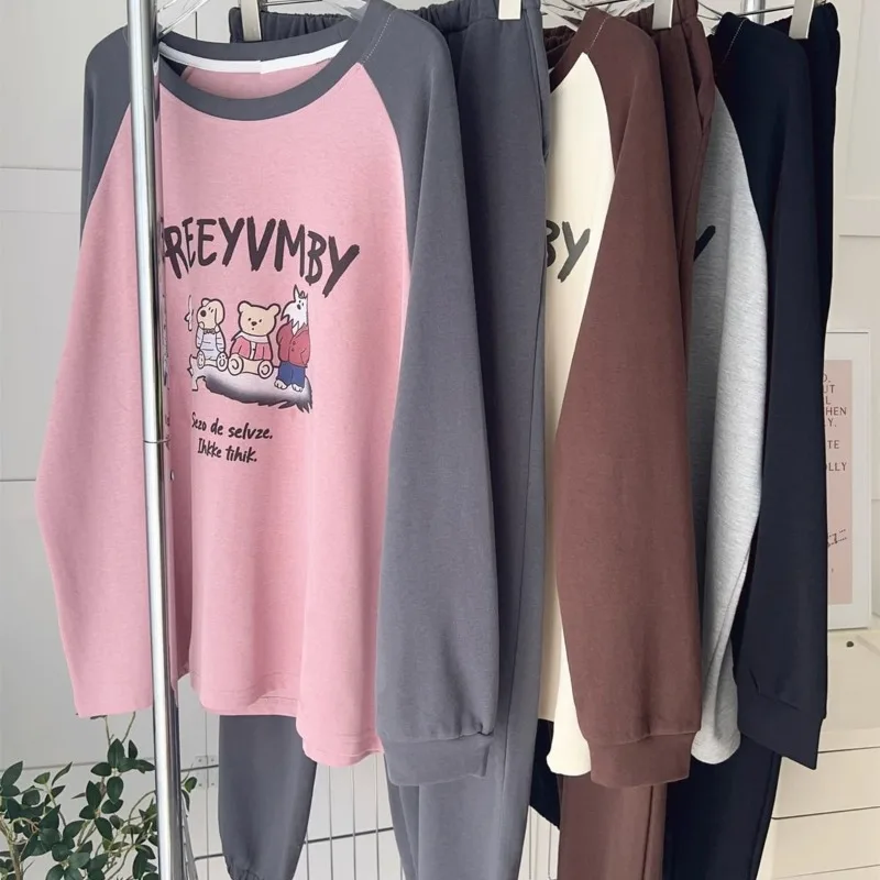 2024 New Derong Cute Cartoon Pajamas Women Autumn Winter Sleepwear Long Sleeved Pants Loungewear Set Loose Casual Homewear