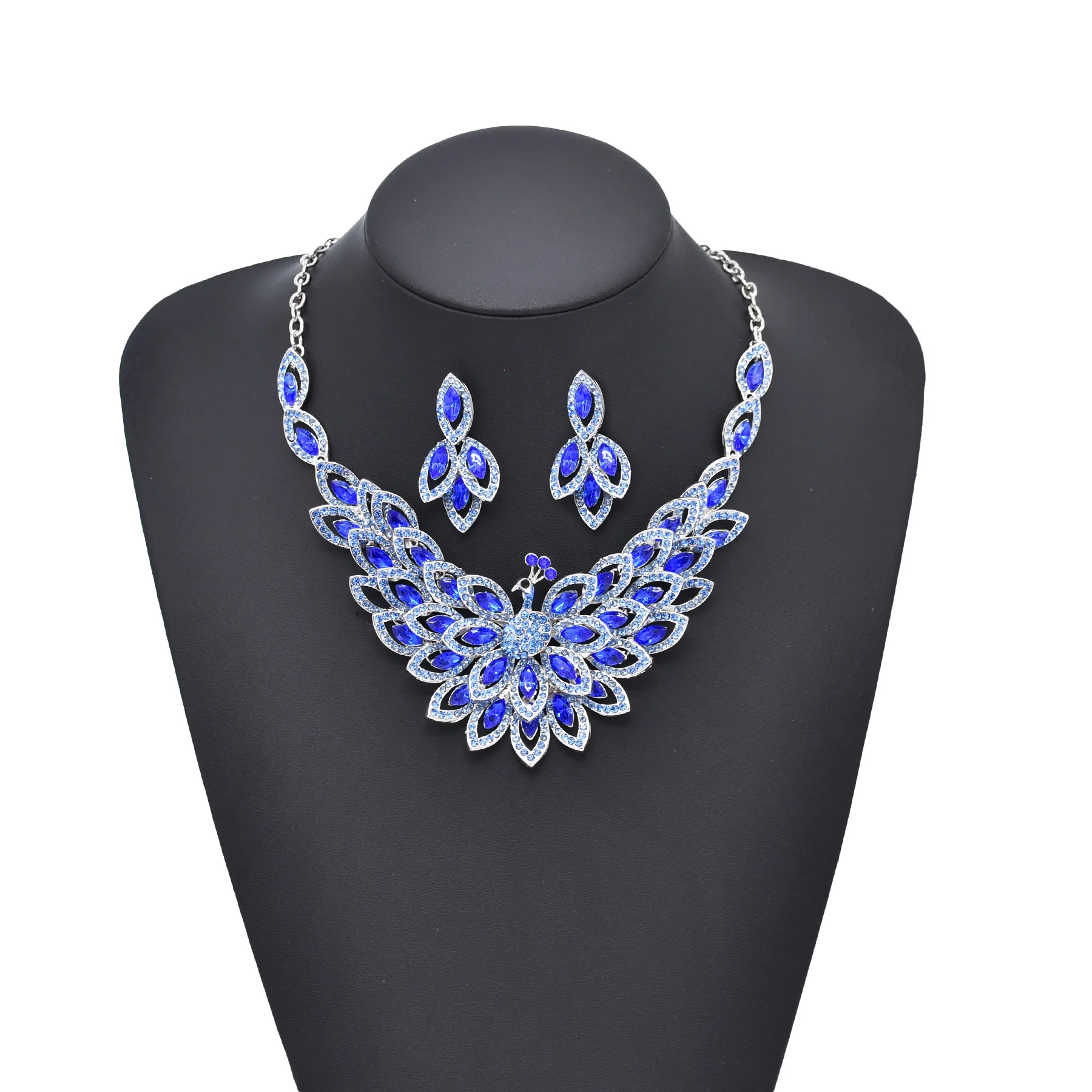 

Luxury Blue/Black Water Droplet Peacock Shaped Diamond Inlaid Women Fashion Necklace Earrings Jewelry Set