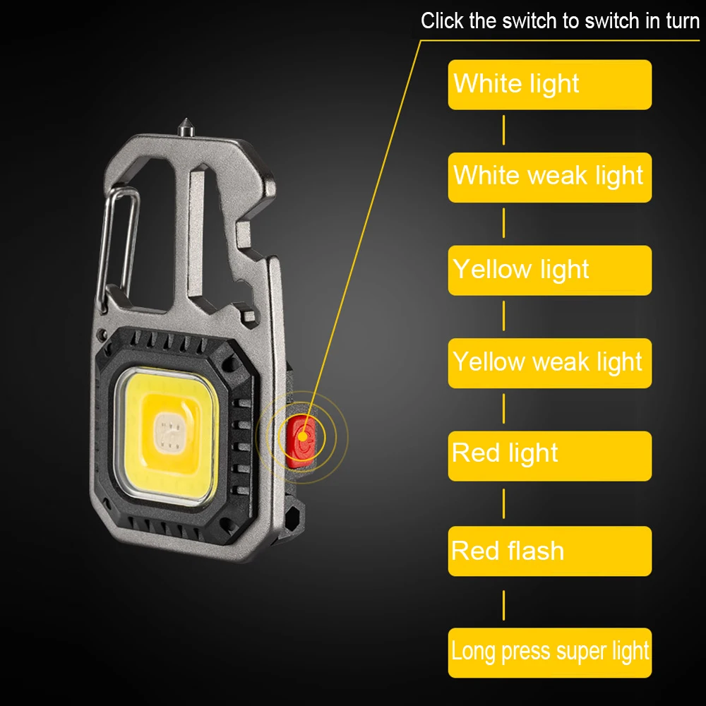 Mini LED Working Light Portable Pocket Flashlight USB Rechargeable Key Lamp with Folding Bracket Bottle Opener Keychain Lantern