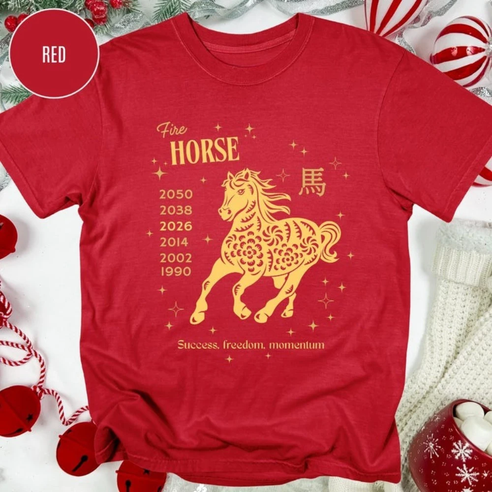 Fire Horse Shirt Zodiac Lucky Charm Tee Success Freedom Momentum Clothing Year of The Horse T-Shirt Women Casual Cotton Tops