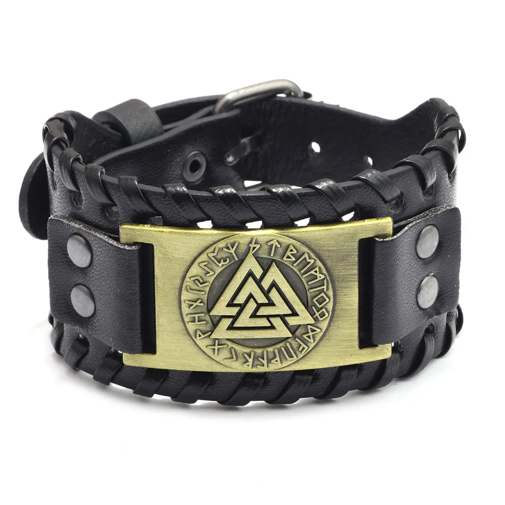 Pulseira Toten Design Nórdica Viking Odin para Homens, Feita à Mão, Pulseira de Couro Larga Ajustável, Joias Punk