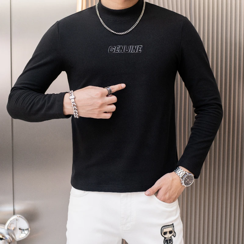 Autumn Winter Velvet Keep Warm T-shirts Men's Sweatshirts Letter Print Slim Casual Tee Half High Collar Pullover Bottoming Shirt