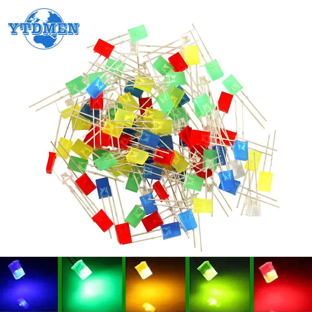 100PCS 2x5x7mm Square LED Diode Kit, 5 Colors (Red/Yellow/Green/Blue/White) LED Light for DIY Electronics, PCB, Arduino Projects