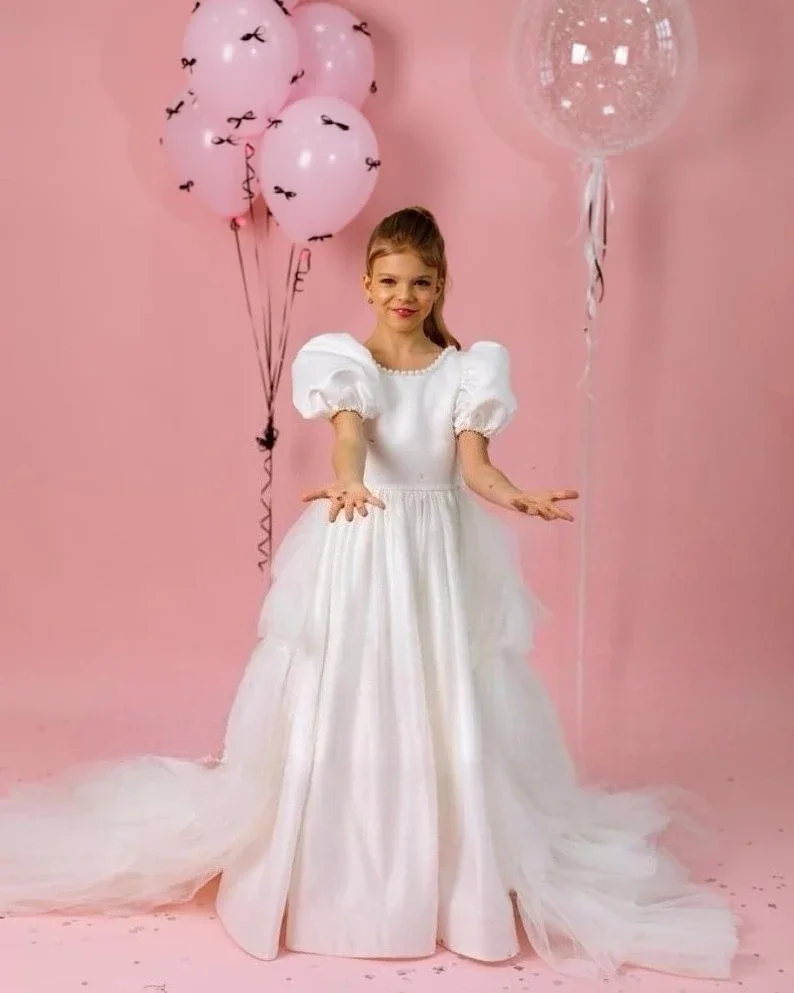 

Bow girl Junior bridesmaid Satin flower girl dresses Pearl toddler party Dress with train Tulle Girl party princess dress