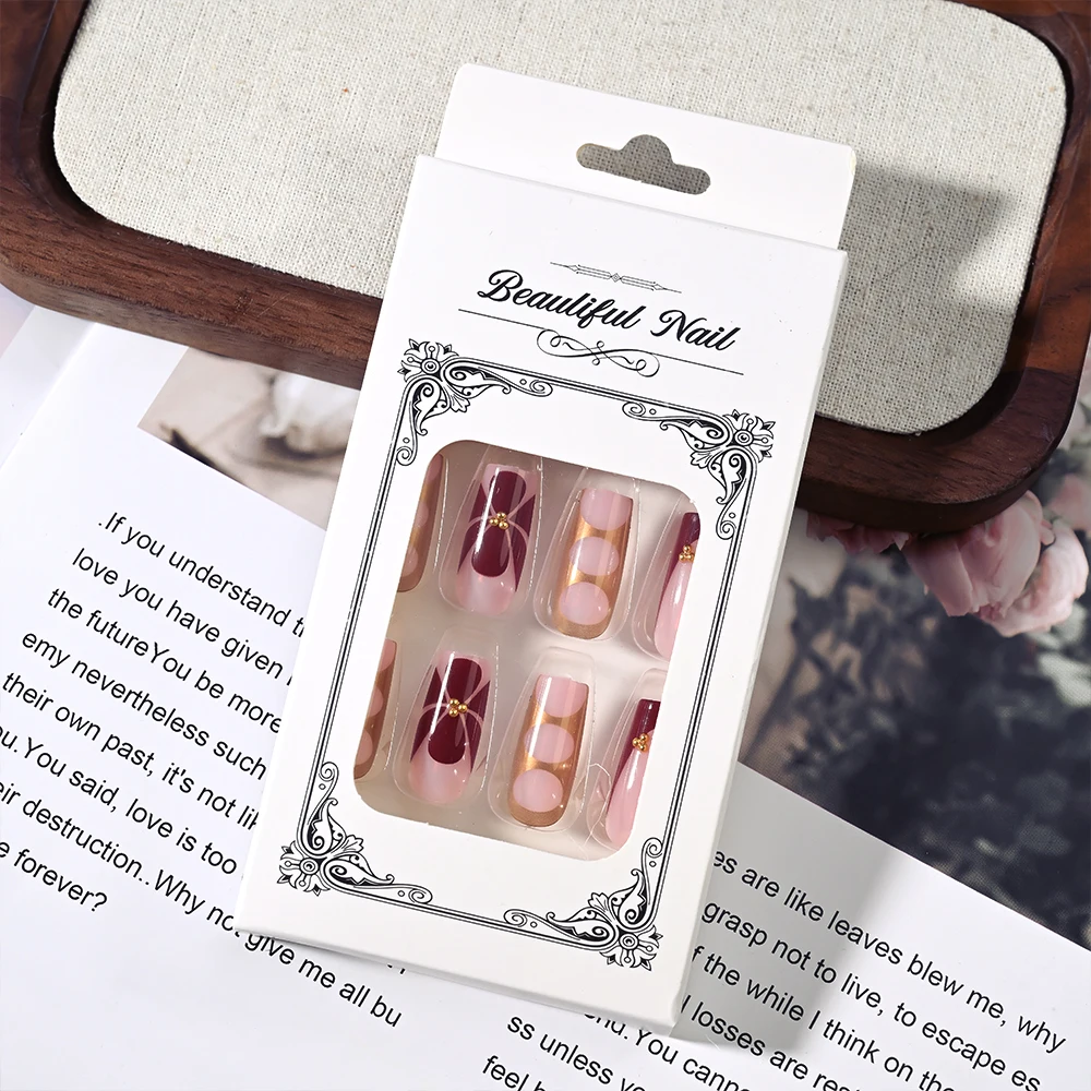 24 pièces 3D fleur portable presse sur ongles couverture complète français moyen carré faux ongles bande dorée faux ongles conseils Extension