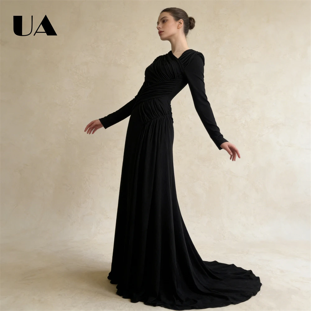 

Women's Long-Sleeve Maxi Gown Ruched Detail, Asymmetrical Neckline Pleated Chiffon Evening Dresses Custom Tailoring Party Gown