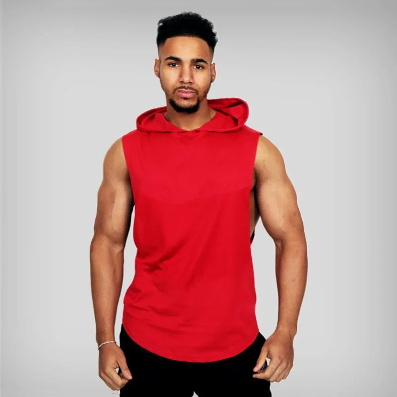 Summer New Brand Solid Color Casual Fashion Hooded Mens Gym Sports Bodybuilding Fitness Workout Tank Top