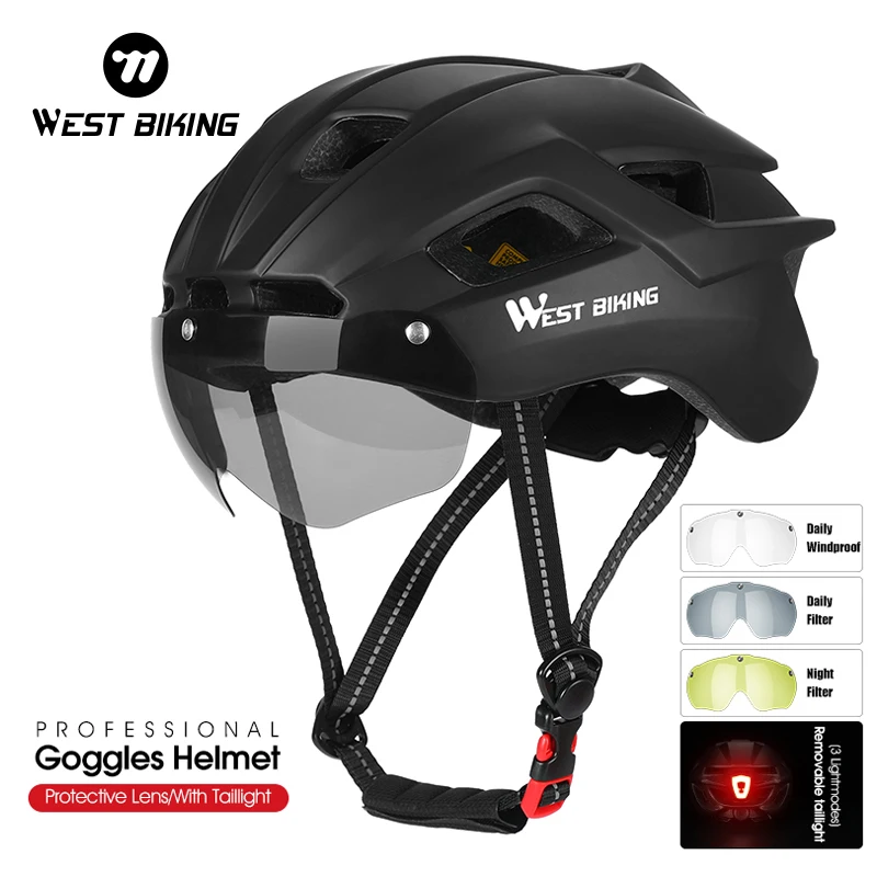 WEST BIKING Professional Cycling Helmet USB Charging With Light Outdoor Riding Sport Road Racing Bicycle Magnetic Goggles Helmet