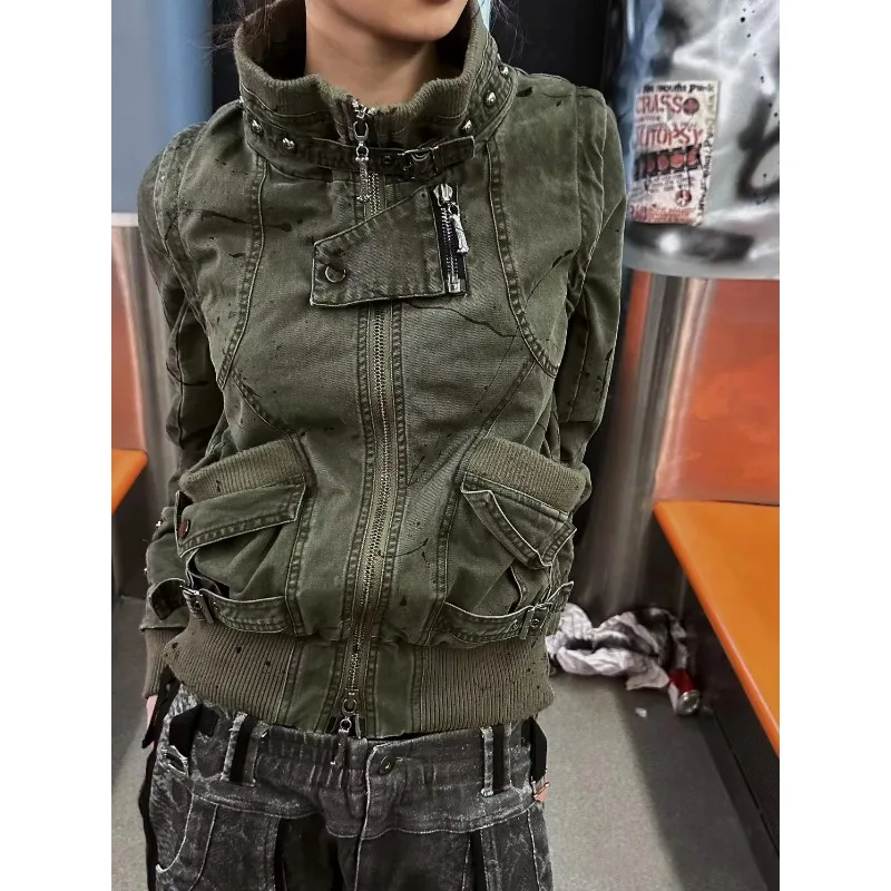 FallenVex Store Women Autumn Winter Punk Washed Cargo Jacket Army Green Vintage TwoWay Wearing Short Streetwear Casual Outerwear