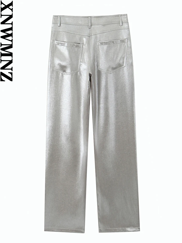 XNWMNZ 2024 Women's Metallic Foil Satin Pants Women High Street High Waist Zipper Versatile Female trousers