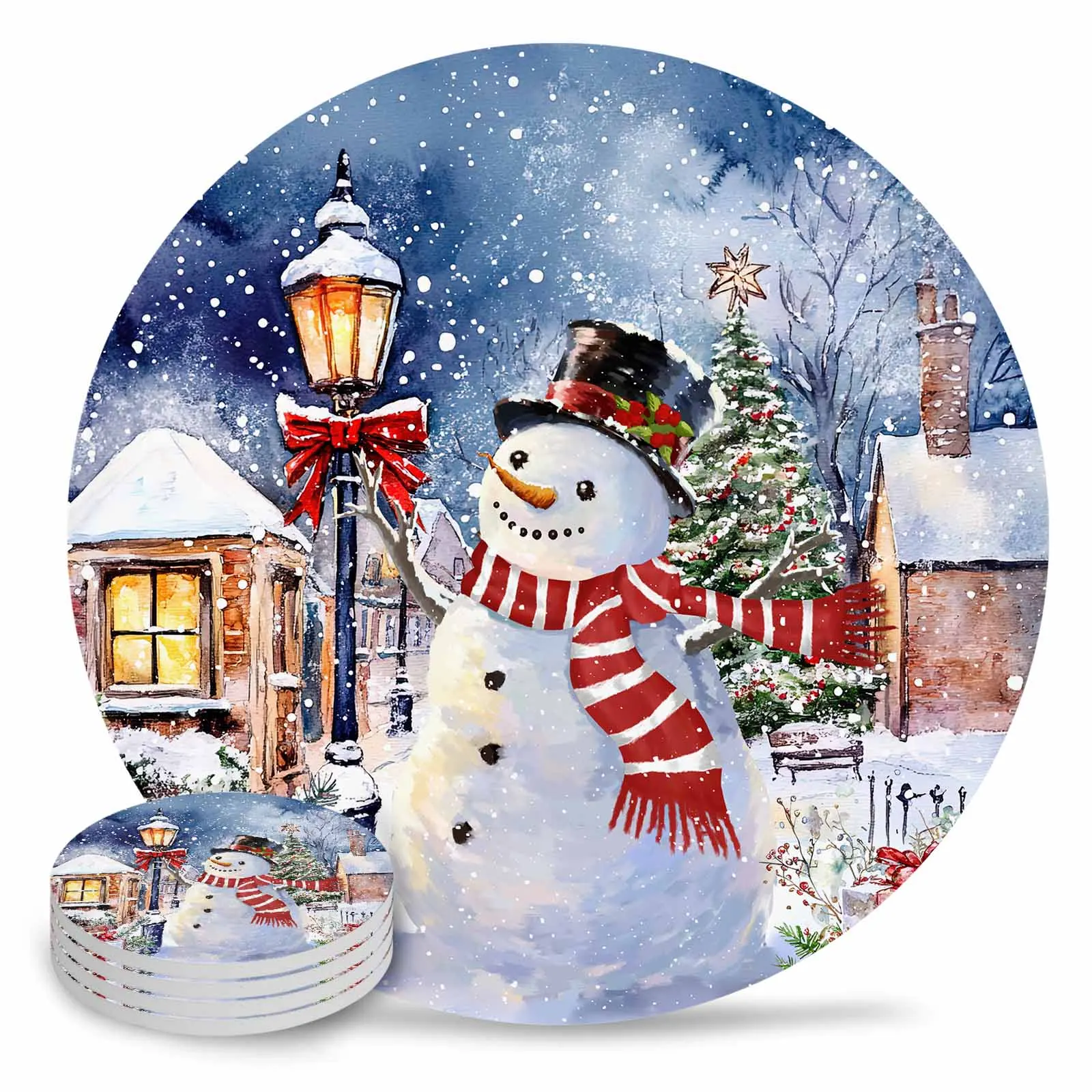 Christmas Winter Christmas Snowman Snow Scene Round Coaster Coffee Table Mats Kitchen Accessories Absorbent Ceramic Coasters