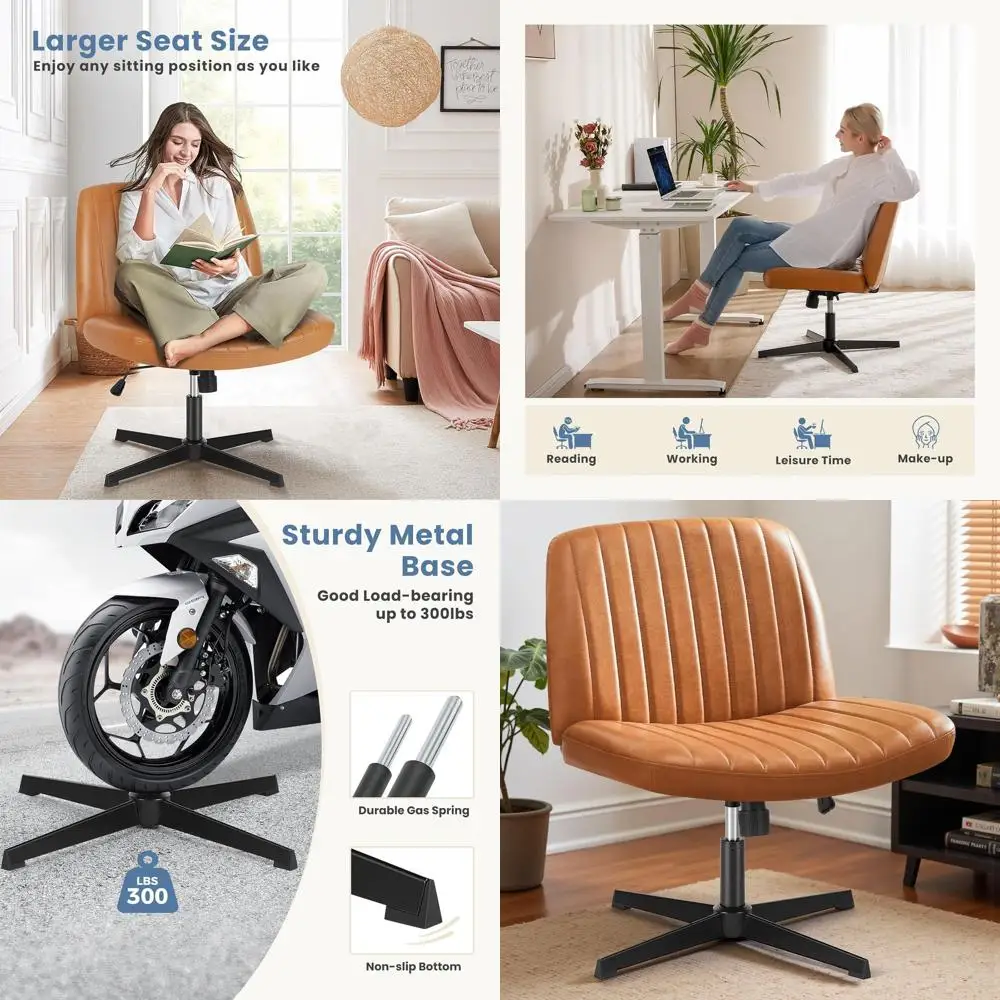 

Wide-Legged PU Leather Swivel Office Chair without Wheels, Adjustable Armrests for Home or Work Desk
