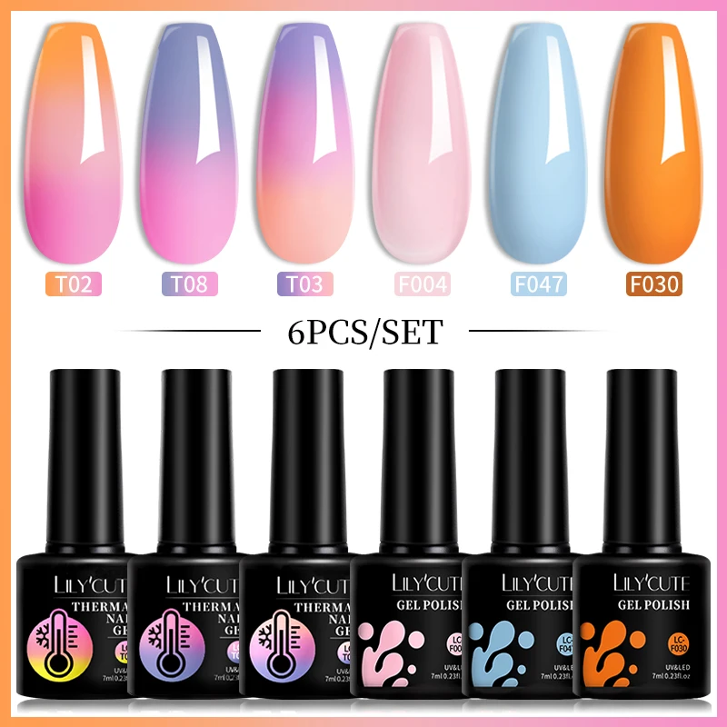 LILYCUTE Gel Térmico Conjunto de Esmalte, Mudança de Temperatura, Semi Permanente, Mergulhe Off Kit Nail Art, Inverno, 6pcs por conjunto