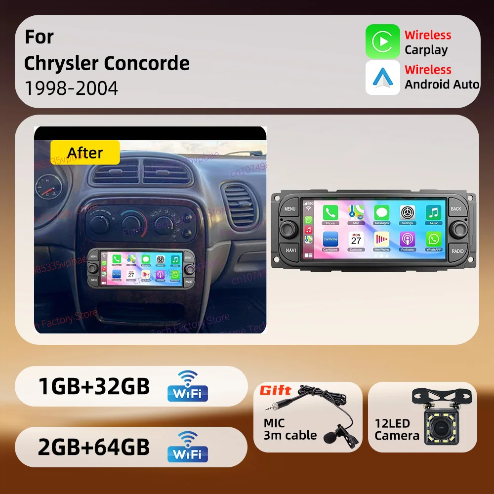 Autoradio Inalámbrico Carplay de 6.86 Pulgadas para Chrysler Concorde 1998-2004, Radio 1 Din, Unidad Principal GPS, Estéreo, Android 13, Sistema Multimedia para Auto