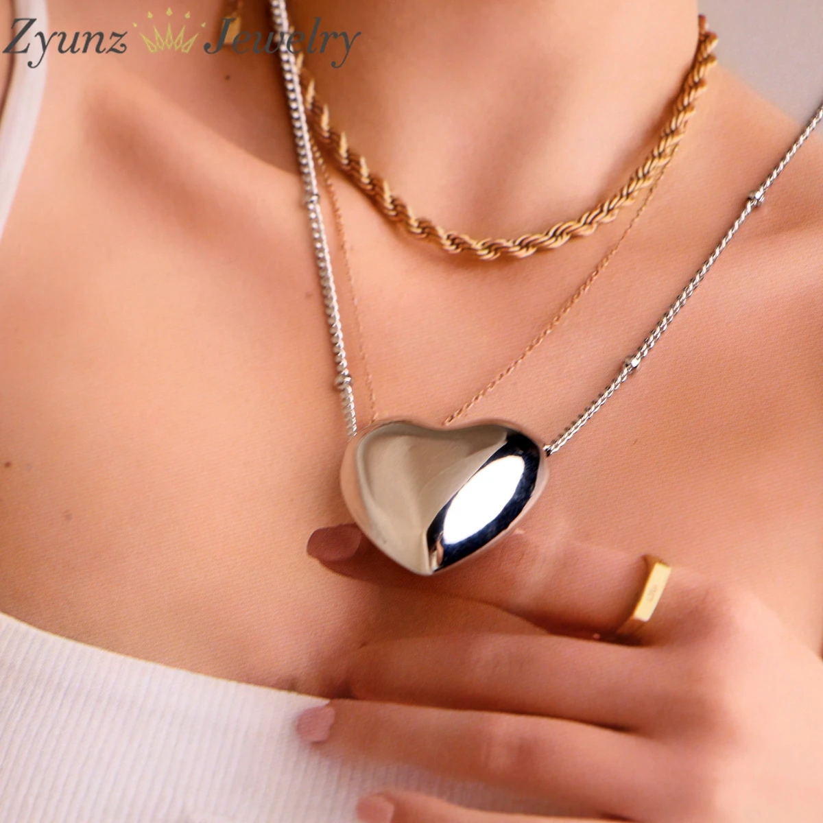 5pcs, Gold Color Polished Smooth Heart Star Pendant Necklace Women Female Fashion Daily Jewelry