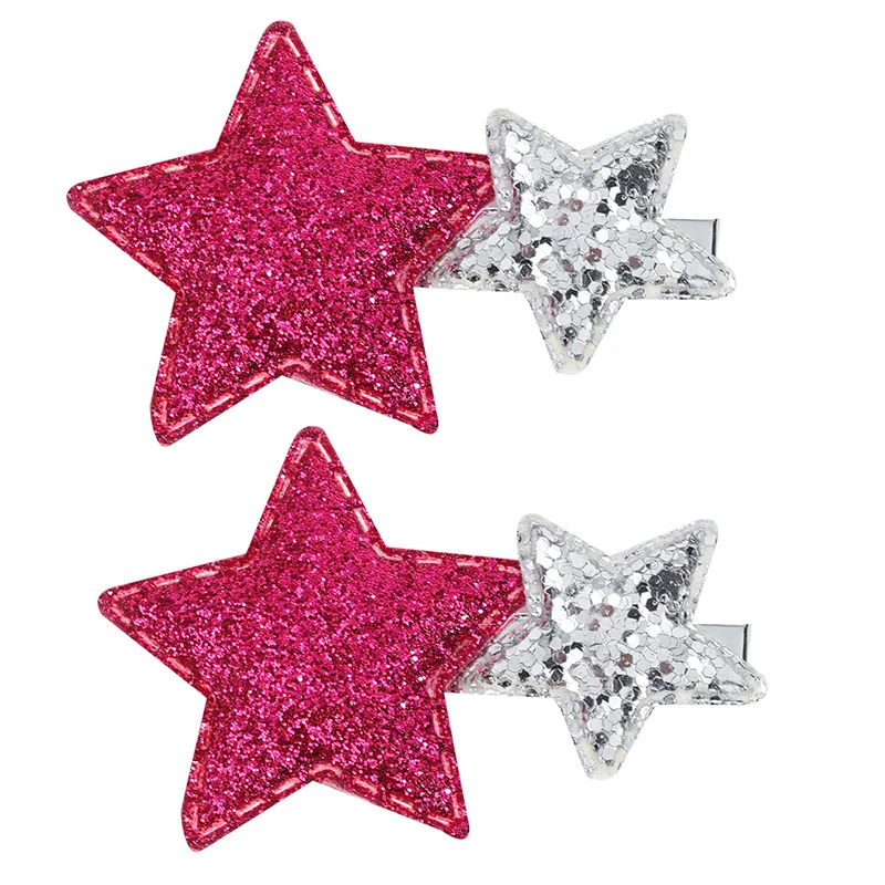 Oaoleer-Pinzas para el pelo con estrellas plateadas para niña, pasadores con purpurina rosa, accesorios para el cabello, regalo, 2 unidades por lote