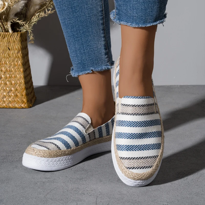 Casual Stripe Canvas Shoes Woman Thick Sole Slip-on Espadrille Sneakers Ladies Sailor Style Vacation Linen Loafers