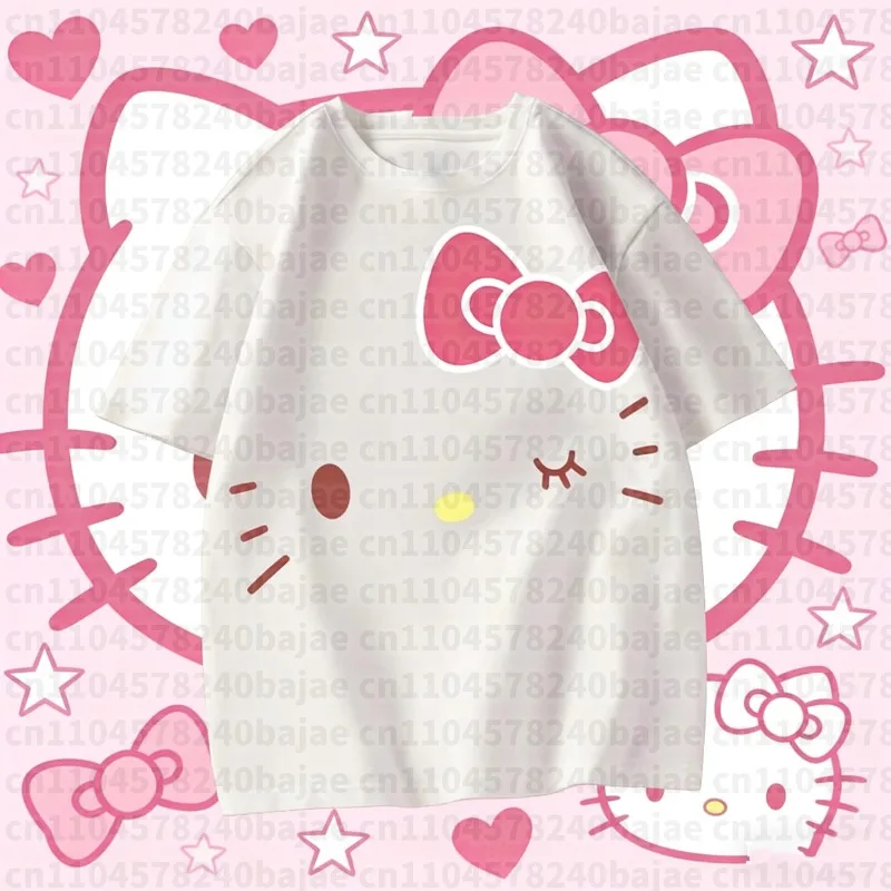 

2025 Summer Sanrio Hello Kitty Creative Painted 100% Cotton Printed T-shirt Women's New Plus Size Retro Loose Short Sleeve Top