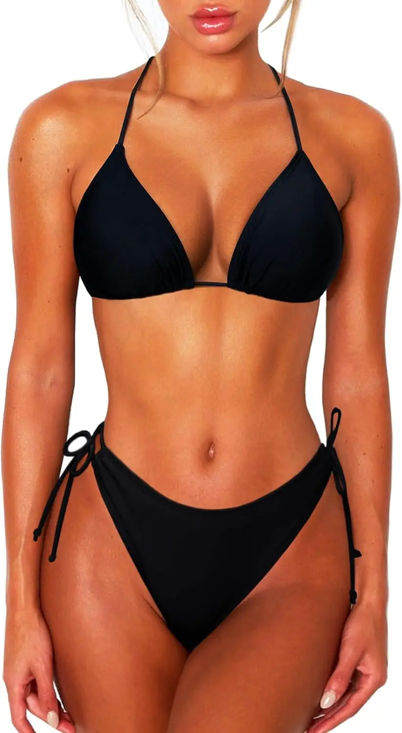 

2 Piece Bikini Sets for Women Halter Triangle Bikini Tops Brazilian String Swimsuit Full Coverage Bottom Bathing Suit