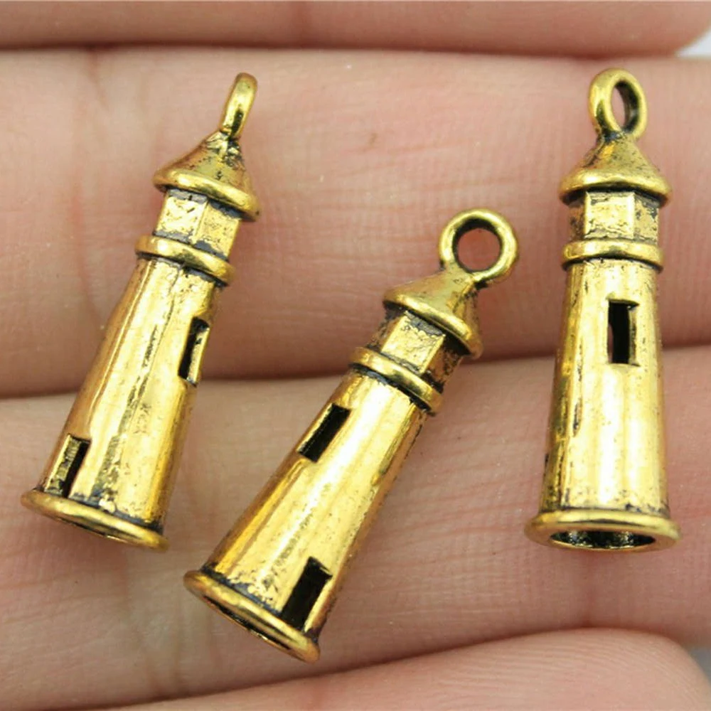 WYSIWYG 10pcs 25x8mm Charms Hollow 3D Lighthouse Antique Making Pendant Fit DIY Handmade For Jewelry Making