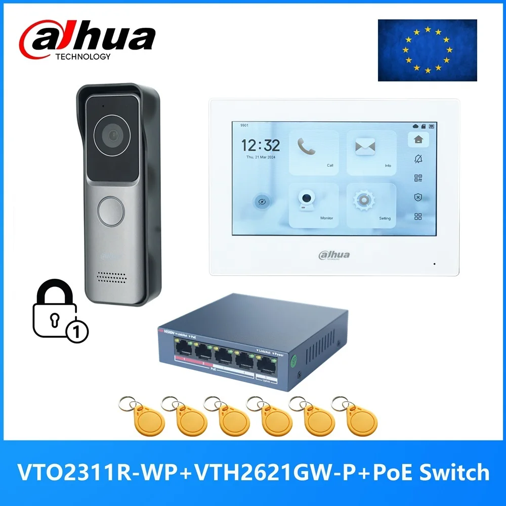 Dahua Multi-Language IP Video Intercom KIT,VTO2311R-WP & VTH2621GW-P & PoE switch,support SIP,RFID Card Unlock