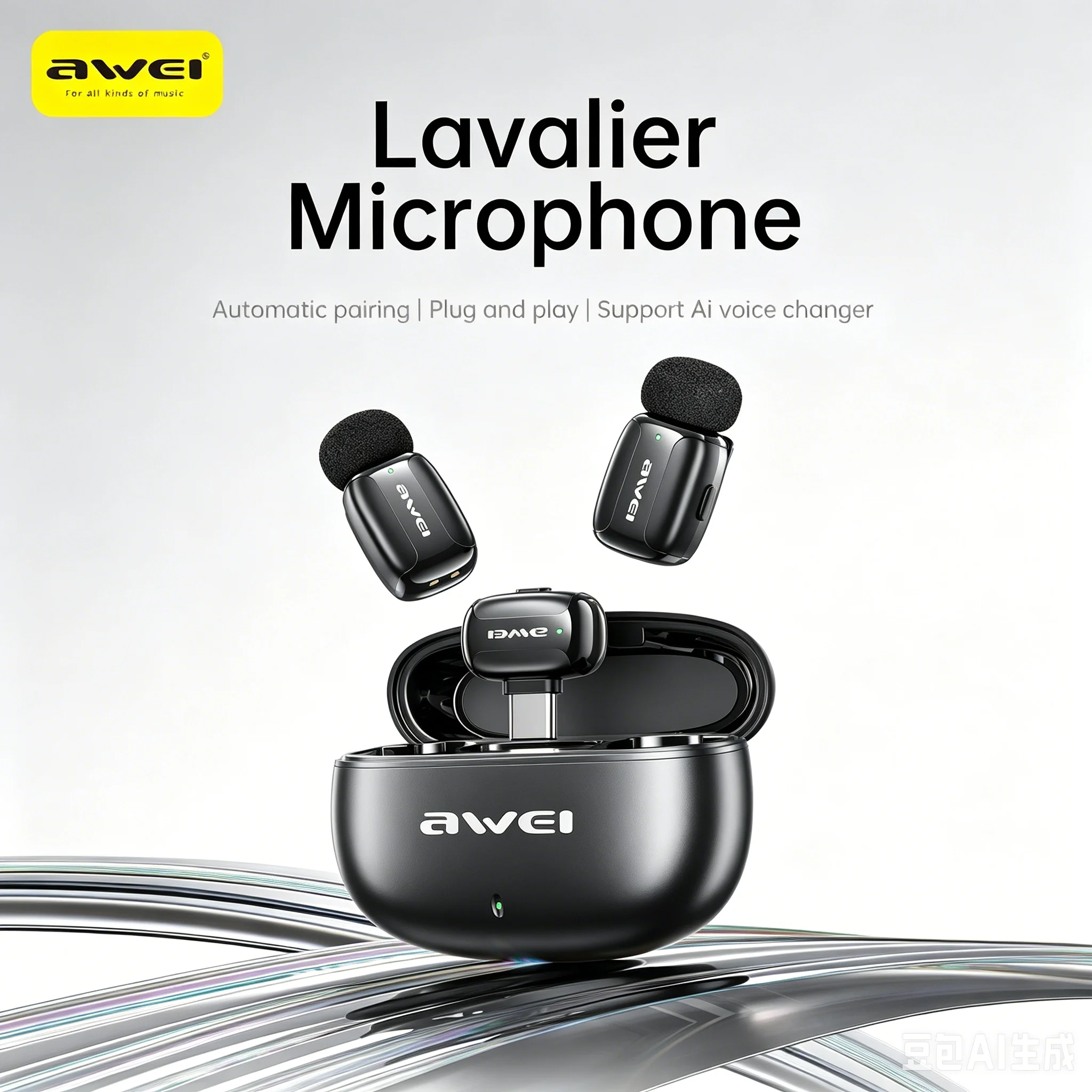 

Awei MK5 Wireless Lavalier Microphone 2.4 Professional Mini Mic for Broadcast Content Creator Mobile TypeC Lapel Mic Charge case