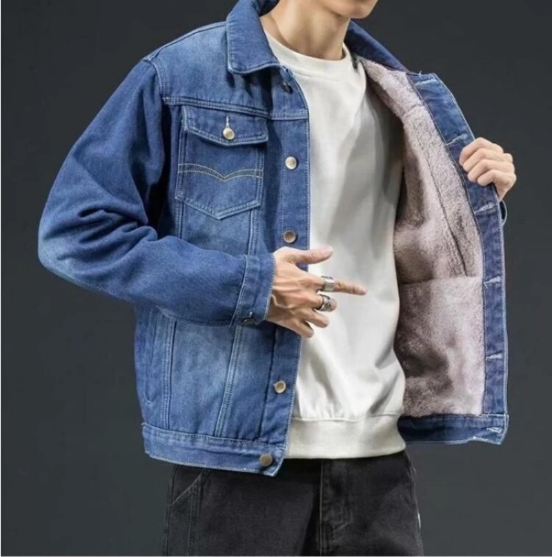 

2023 Winter Mens Denim Jacket Korean Fashion Trendy Handsome Jacket High Quality Plush and Thick Loose Wool Jacket Size S-5XL