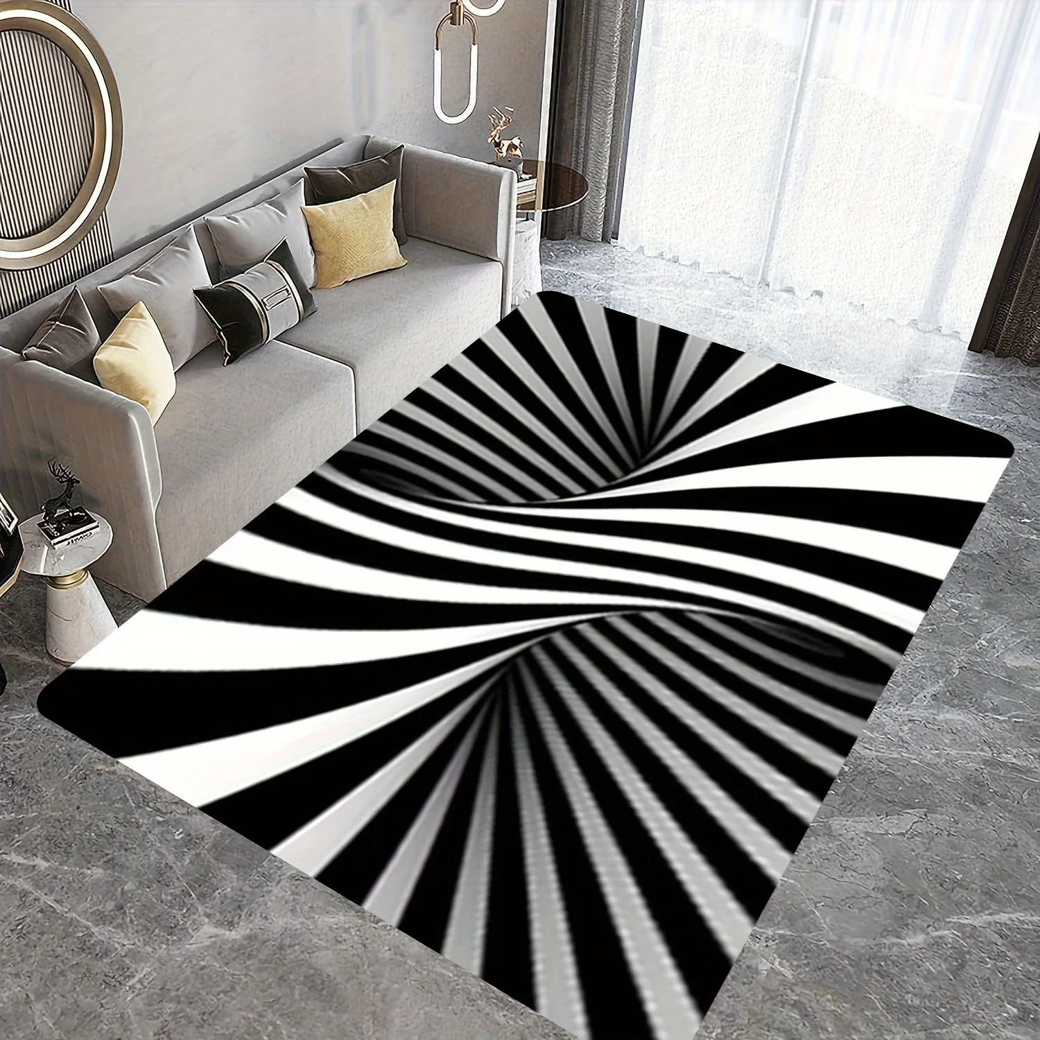 3D Optical Illusion Door Mat, Black White Geometric Spiral Floor Rug Modern Abstract Visual Trap Entrance Carpet for Living Room