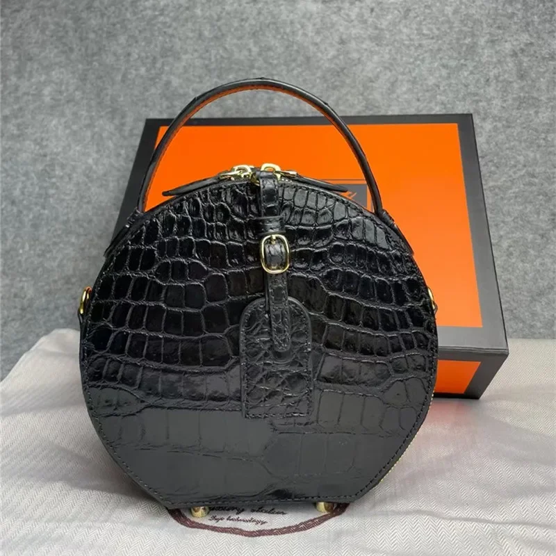 Exotic Genuine Alligator Leather Lady Fashion Round Purse Authentic Crocodile Skin Women Small Handbag Female Cross Shoulder Bag