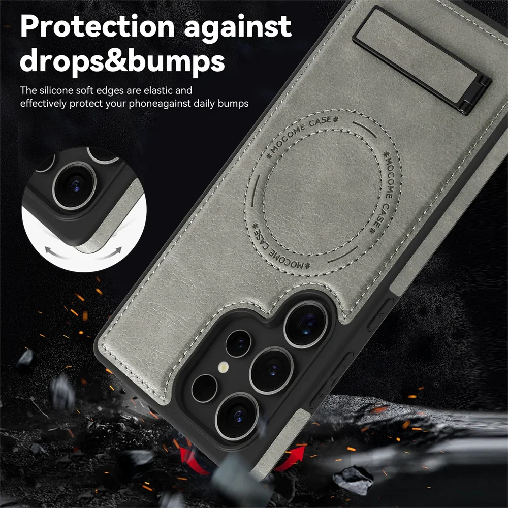 Business Leather Stand Holder Magnetic Case For Samsung S25 S26 S23 S24 Ultra Plus S24FE for Magsafe Wireless Charging Cover