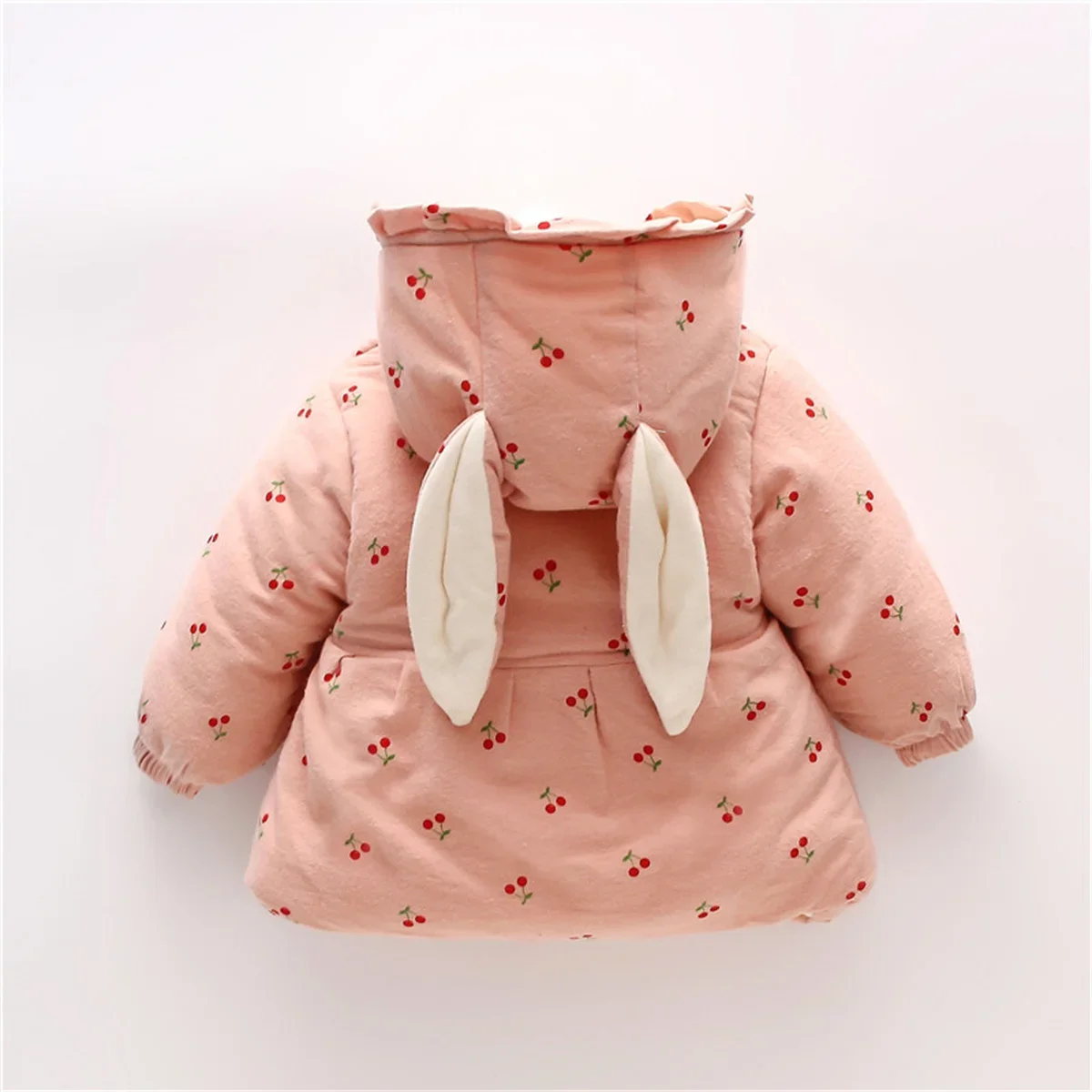 2 Pieces/Set Free Bag Winter Girls\' Cotton Coat 0-3 Years Old Cute Cherry Print Rabbit Ear Hooded Plush Thickened Coat