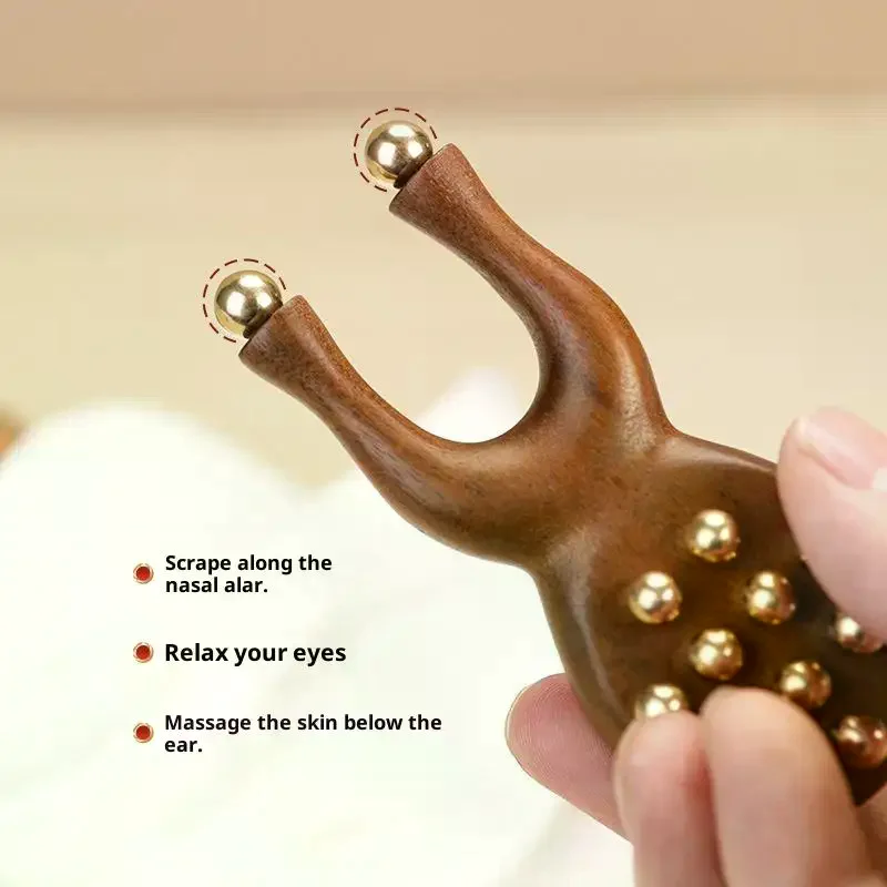 12 Copper Beads Guasha Face Massager Tool Sandalwood Handle Fascia Lifting Face Manual Massager Anti Static Frog Shape Handheld