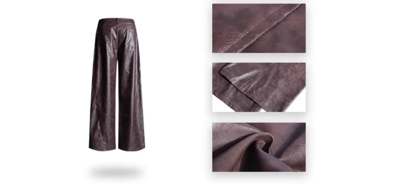 Lautaro Spring Long Loose Casual Soft Distressed Brown Pu Leather Wide Leg Pants for Women High Waist Korean Style Fashion 2024