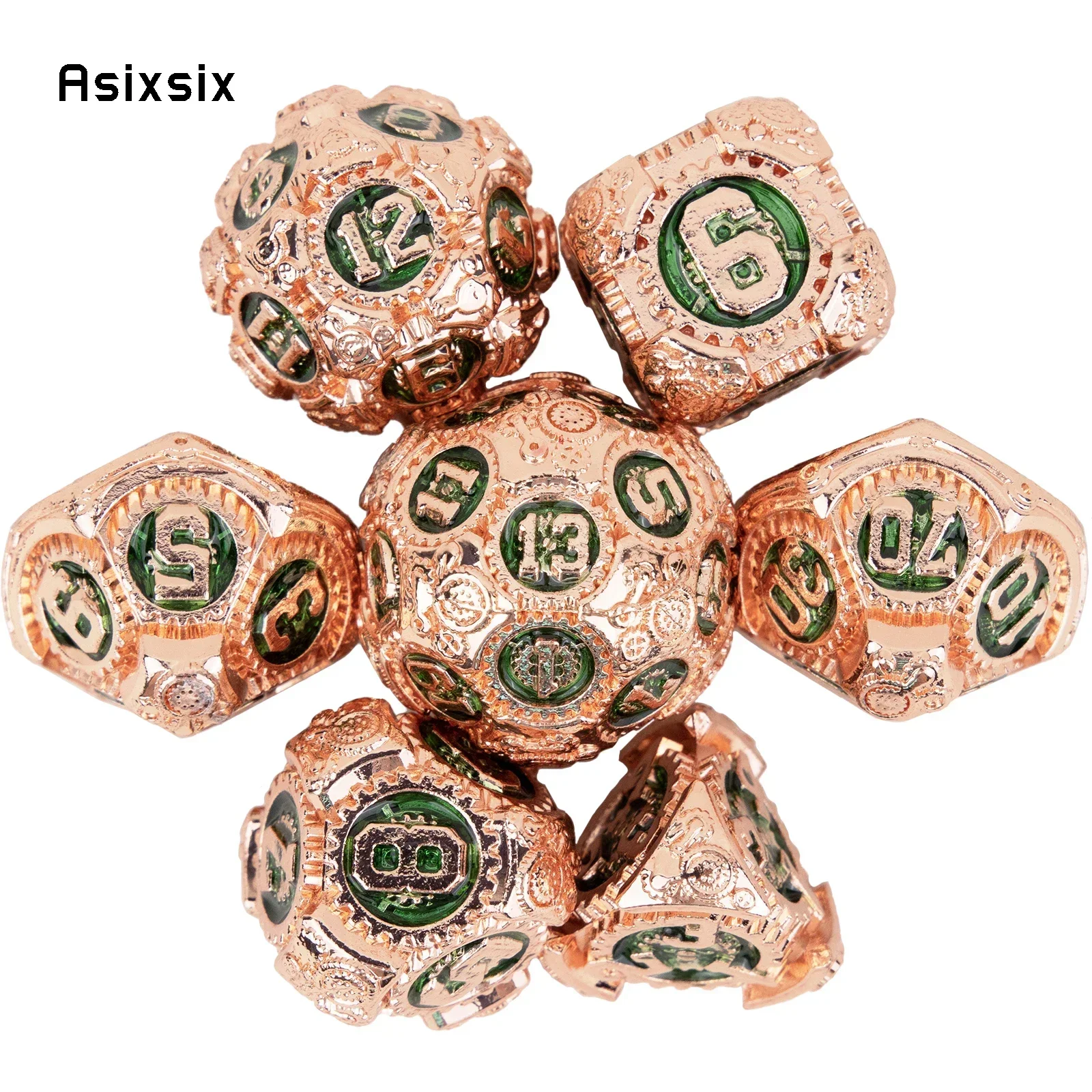 

7 Pcs Orange Green Gear Wheel Metal DicePerfect For Rpgs, Board Games, And Card Games.Dice For Games, Dnd Dice Set