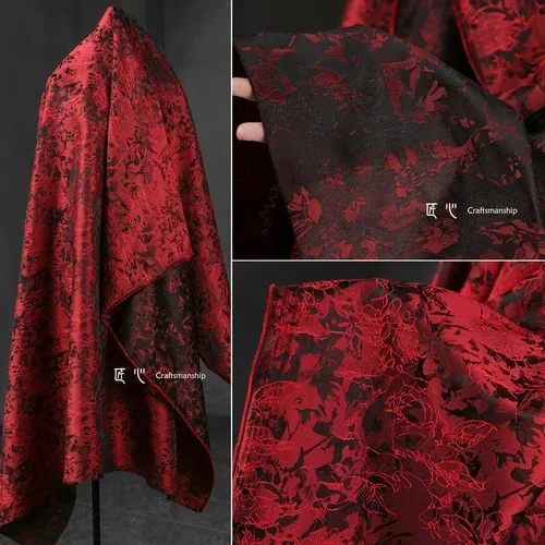 Red Linear Botanical Floral Jacquard Fabric Muscle Embroidery Jacket Suit Skirt Clothing Designer Fabrics - view 6