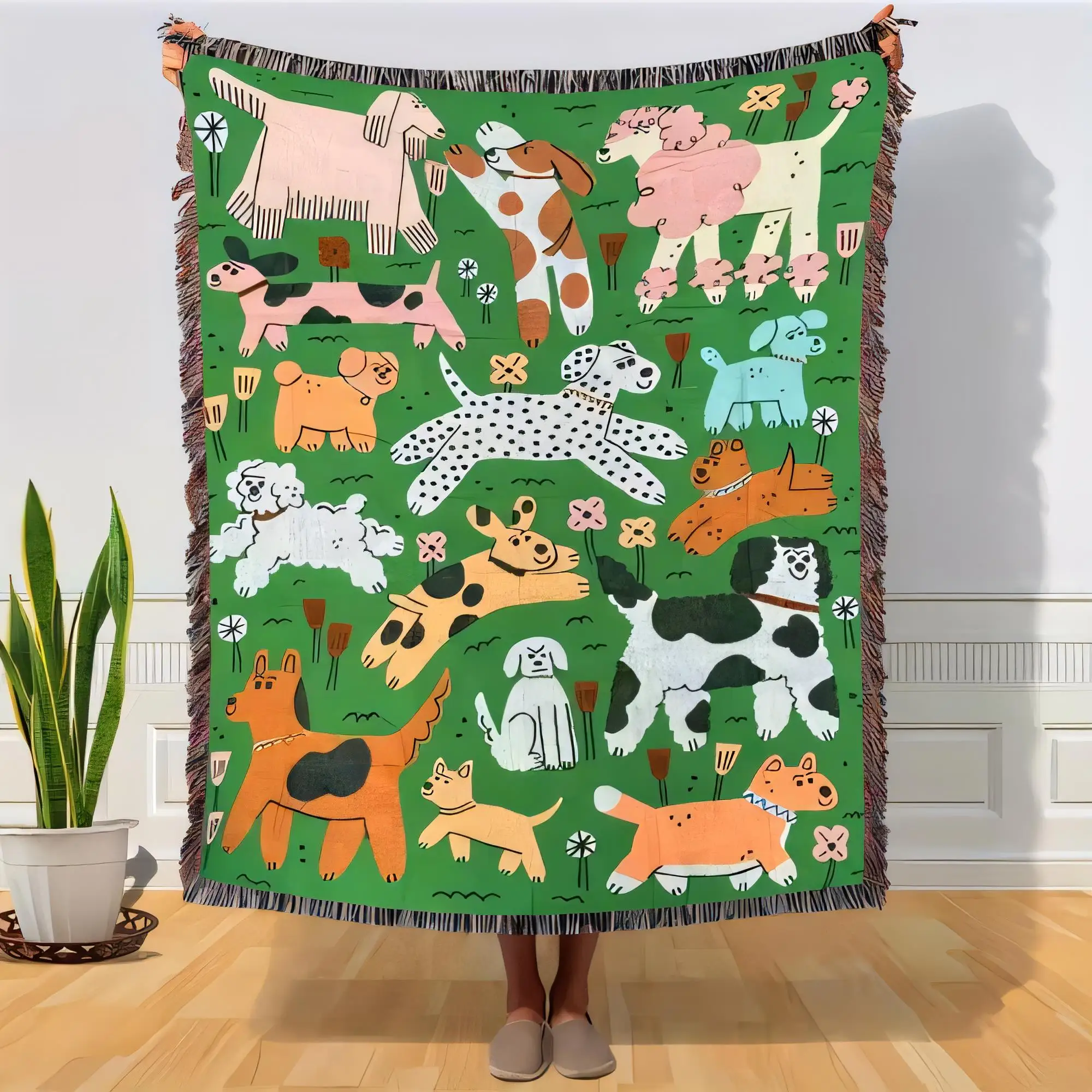 Colorful Cartoon Dog Blanket Green Background Soft Plush Throw with Fringed Edge Perfect for Kids and Dog Lovers Home Decor Blan