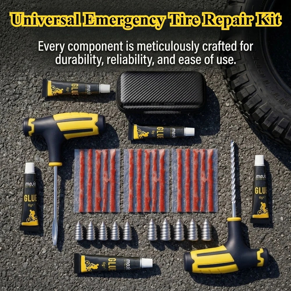 Universelles Notfall-Reifenreparaturset mit Reparaturkleber T-Griff-Werkzeugen Gummistreifen Hartkoffer für Auto Offroad ATV Motorrad Fahrrad