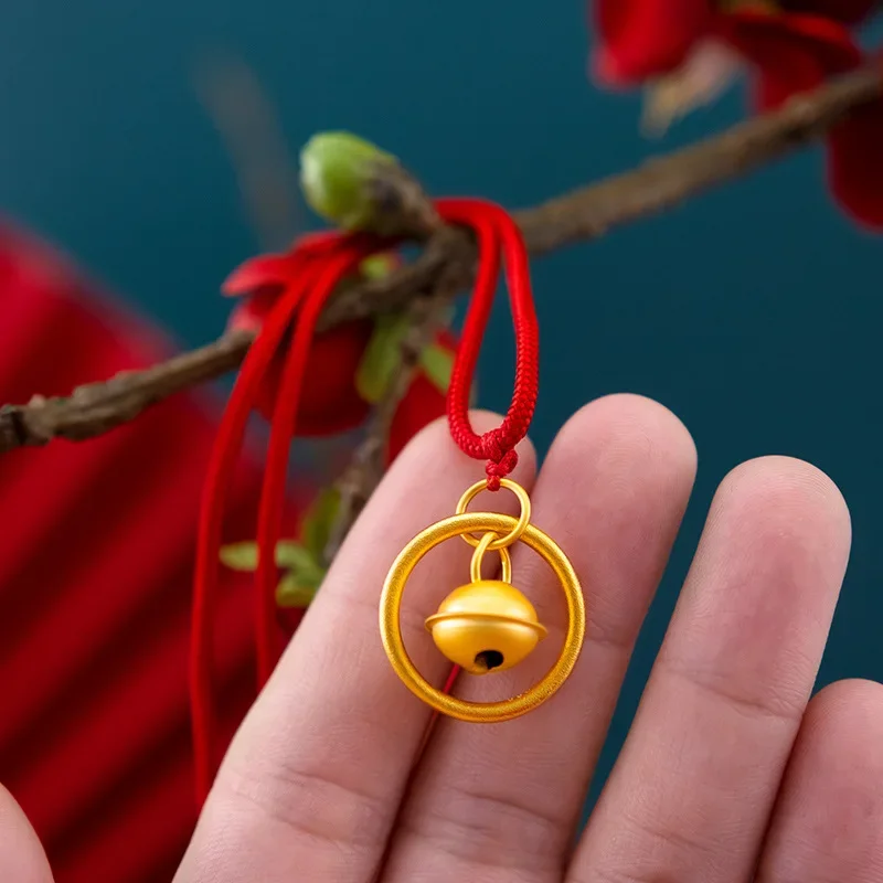 

9999 Real Gold 24K Red Rope Necklace Women's Fashion Inheritance Bell Pendant Necklace New Fashion Safety Bell Red Rope