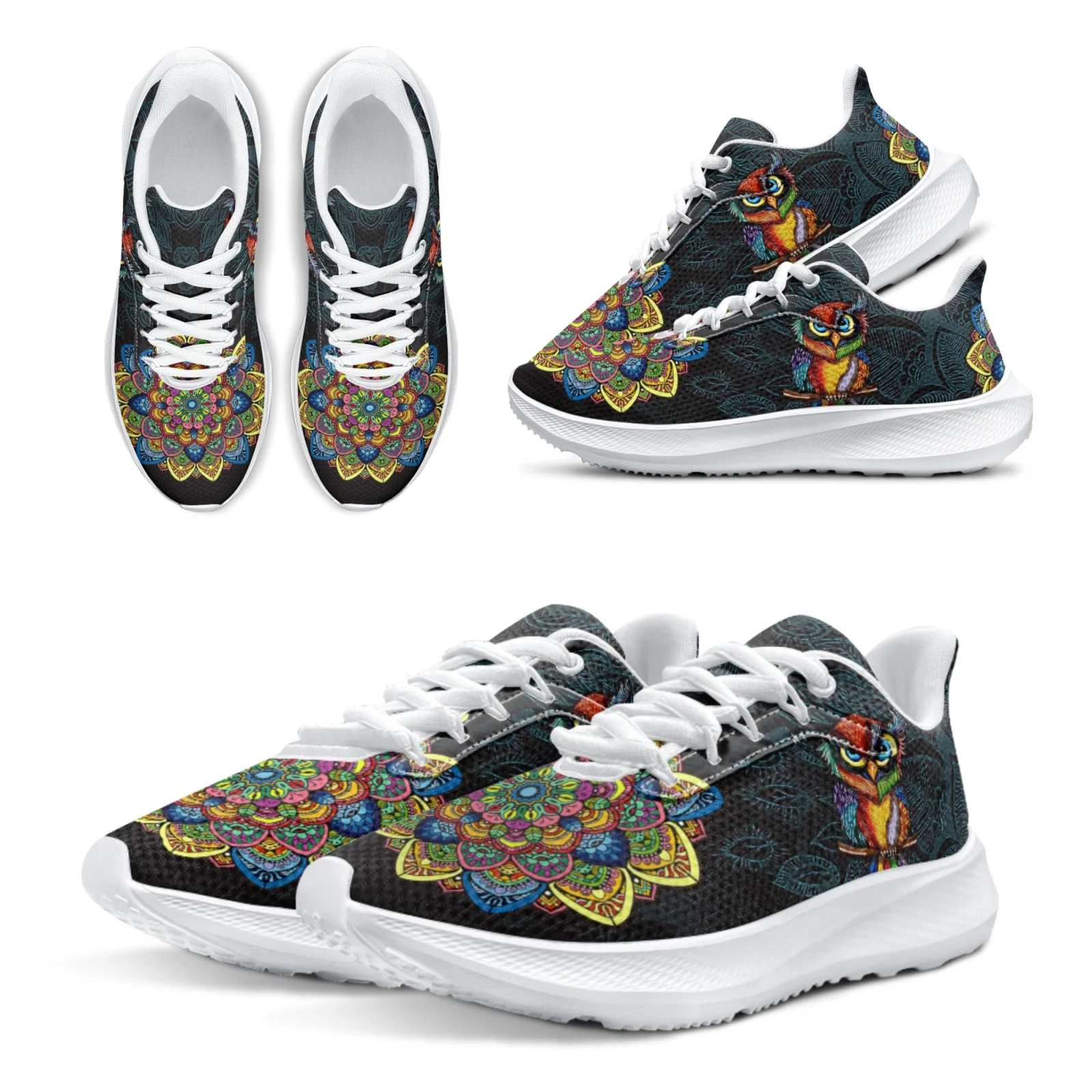 INSTANTARTS Running Shoes For Women Bohemian Mandala Flower Designer Girls Tennis Shoes Card Man Owl Shoes Boho Owl Footwear