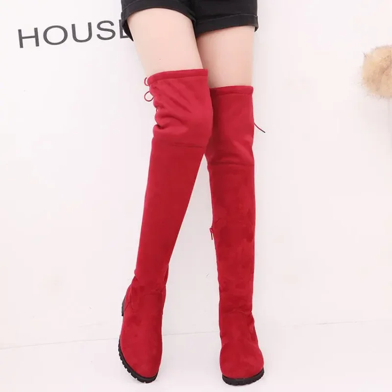 Autumn Newest Red Suede Round Toe Over The Knee Boots 2019 Thick Heels Woman Fashion Boots Winter Long Boots